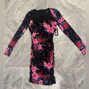 NWT Guess Womens Black Zippered Floral Long Sleeve Short Dress Size 2 Body Con